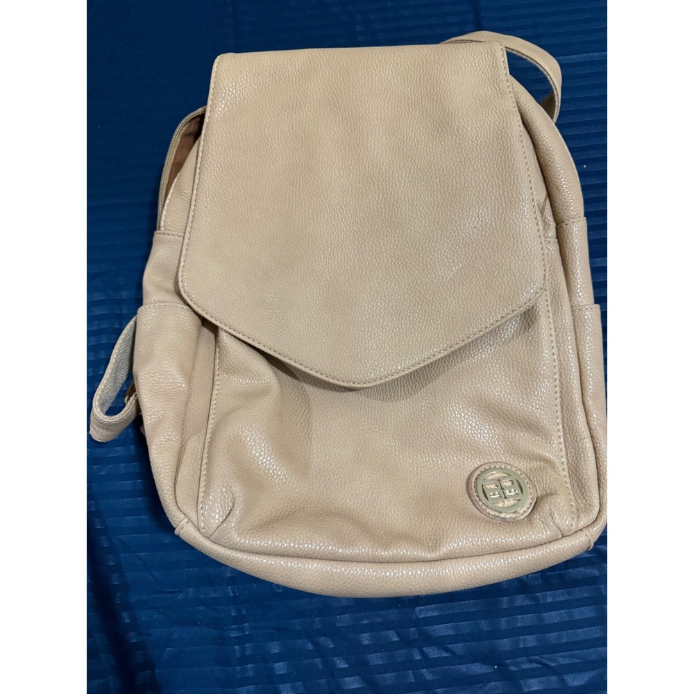 Beige Pebbled Faux Leather Backpack Magnetic Flap Gold Hardware Tan Bag